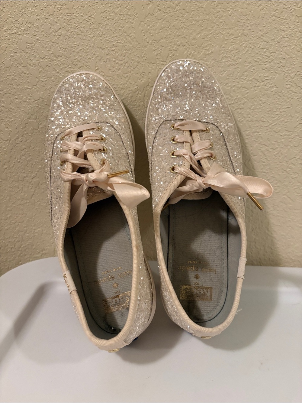 KEDS/Kate Spade Glitter Lace-Up Sneakers - ivory with satin ribbon laces